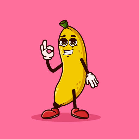 Cute Banana fruit character with cool emoji and show gesture OK. Fruit character icon concept isolated. Emoji Sticker. flat cartoon style Vectorのイラスト素材
