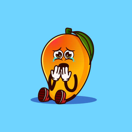Cute Mango fruit character sitting and crying. Fruit character icon concept isolated. flat cartoon style Premium Vectorのイラスト素材