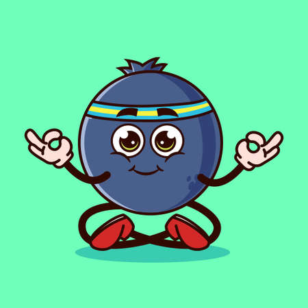 Cute Blueberry fruit character Meditation. Fruit character icon concept isolated. Emoji Sticker. flat cartoon style Vectorのイラスト素材