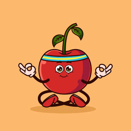 Cute Cherry fruit character Meditation. Fruit character icon concept isolated. Emoji Sticker. flat cartoon style Vectorのイラスト素材
