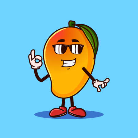 Cute Mango fruit character with eye glass and OK hand gesture. Fruit character icon concept isolated. flat cartoon style Premium Vectorのイラスト素材