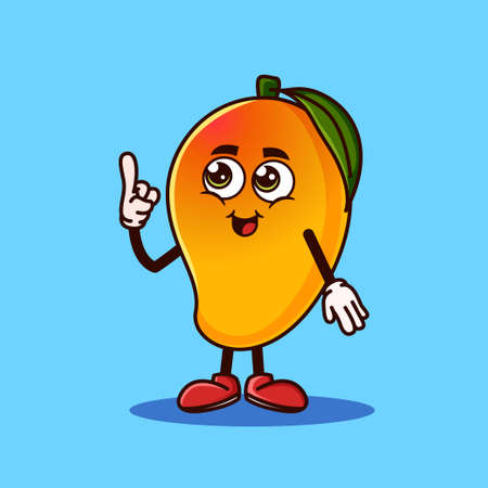 Cute Mango fruit character with happy face and Gesture pointing up. Fruit character icon concept isolated. Emoji Sticker. flat cartoon style Vectorのイラスト素材