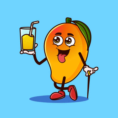 Cute Mango fruit character with Mango juice on hand. Fruit character icon concept isolated. flat cartoon style Premium Vectorのイラスト素材