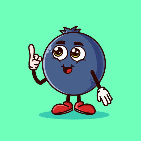 Cute Blueberry fruit character with happy face and Gesture pointing up. Fruit character icon concept isolated. Emoji Sticker. flat cartoon style Vectorのイラスト素材