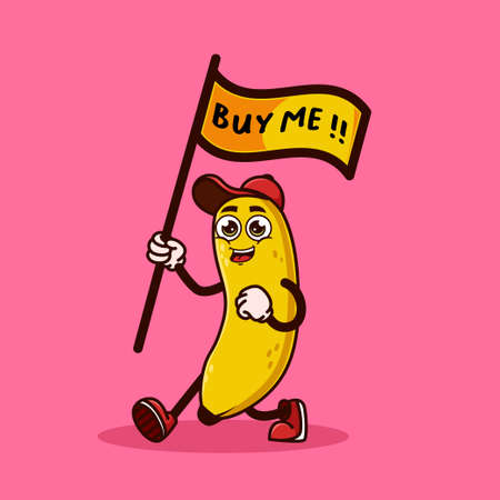 Cute Banana fruit character carrying a flag that says buy me. Fruit character icon concept isolated. Emoji Sticker. flat cartoon style Vectorのイラスト素材