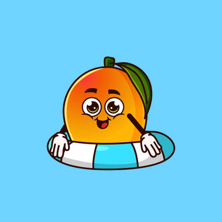 Cute Mango fruit character with swim ring float. Fruit summer icon concept isolated. flat cartoon style Premium Vectorのイラスト素材