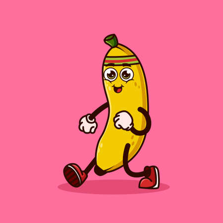 Cute Banana fruit character jogging. Fruit character icon concept isolated. Emoji Sticker. flat cartoon style Vectorのイラスト素材
