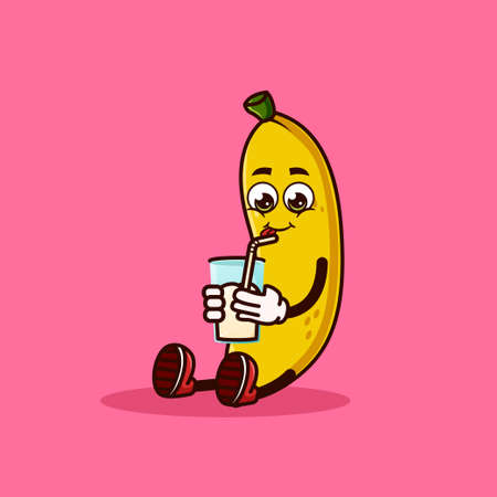 Cute Banana fruit character sitting with Banana juice. Fruit character icon concept isolated. Emoji Sticker. flat cartoon style Vectorのイラスト素材