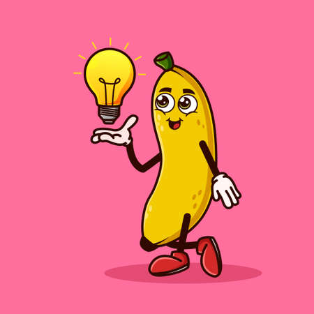 Cute Banana fruit character with light bulb Idea on hand. Fruit character icon concept isolated. Emoji Sticker. flat cartoon style Vectorのイラスト素材