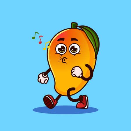 Cute Mango fruit character walking with happy face. Fruit character icon concept isolated. flat cartoon style Premium Vectorのイラスト素材