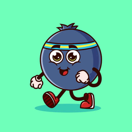 Cute Blueberry fruit character jogging. Fruit character icon concept isolated. Emoji Sticker. flat cartoon style Vectorのイラスト素材