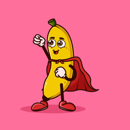 Cute Banana fruit character with Super hero costume and try to fly. Fruit character icon concept isolated. Emoji Sticker. flat cartoon style Vectorのイラスト素材