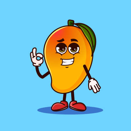 Cute Mango fruit character with cool emoji and show gesture OK. Fruit character icon concept isolated. Emoji Sticker. flat cartoon style Vectorのイラスト素材