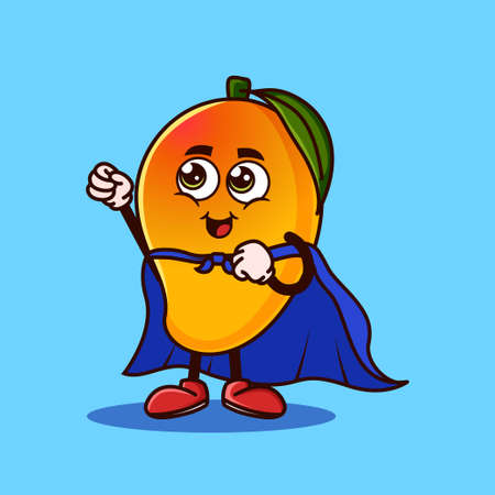Cute Mango fruit character with Super hero costume and try to fly. Fruit character icon concept isolated. Emoji Sticker. flat cartoon style Vectorのイラスト素材