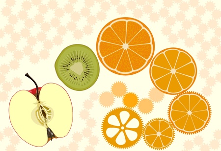 Apple, kiwifruit and orange slices as cogwheelsのイラスト素材