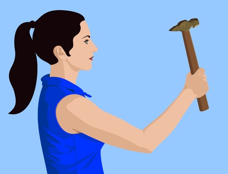 Young lady with a hammer in hand on blueのイラスト素材