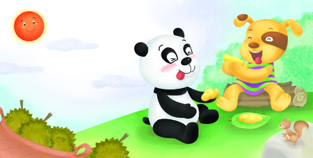 Cartoon dog and panda eat togetherの写真素材