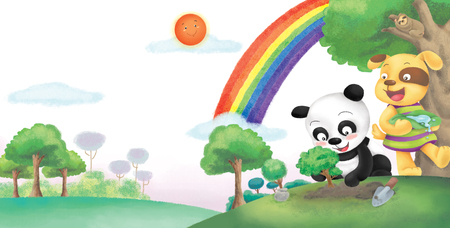 Cartoon dog and panda play togetherの写真素材