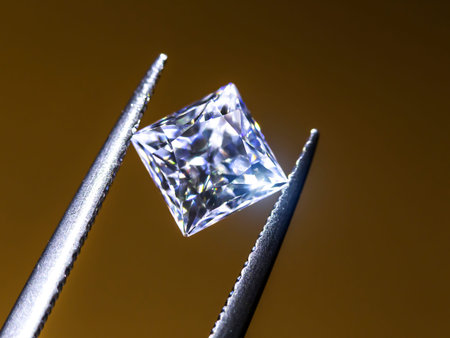 Princess Diamonds cut. in the tweezers  on Warm color background.
