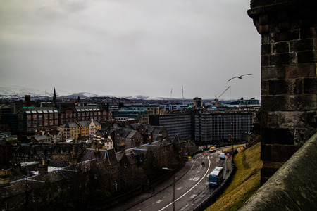 A view of Ediniburgh from in front of Edinburgh Castle after a series of snowstorms and bad weatherのeditorial素材