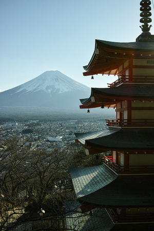 Yamanashi, Japan - 01/05/2019: An incredible view of Chureito Pagoda and Mt. Fuji in Yamanashi, Japanのeditorial素材