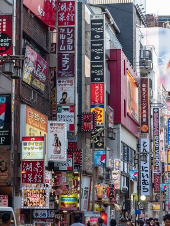 Shinjuku, Japan - 30 8 19: The signs of Kabukicho during the day, before the neon signs are turned onのeditorial素材