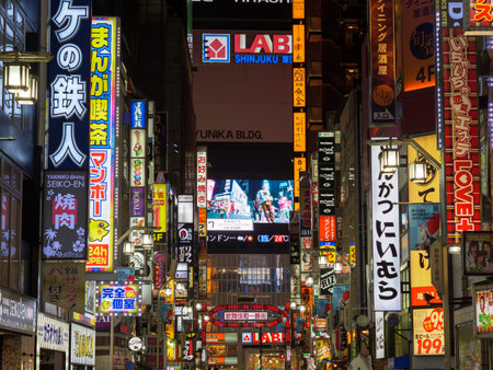 Shinjuku, Japan - 8 9 19: The neon signs of Kabukicho, Tokyo biggest downtown and red light district