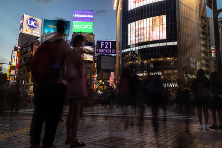 Shibuya, Japan - 16 6 19: Shibuya crossing at night with busy crowdsのeditorial素材