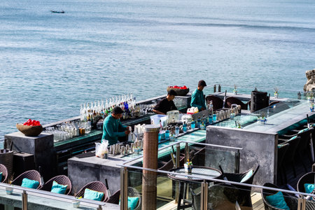 Bali, Indonesia - 31 5 2019: The famous Rock Bar in Bali with live music and great sunset views