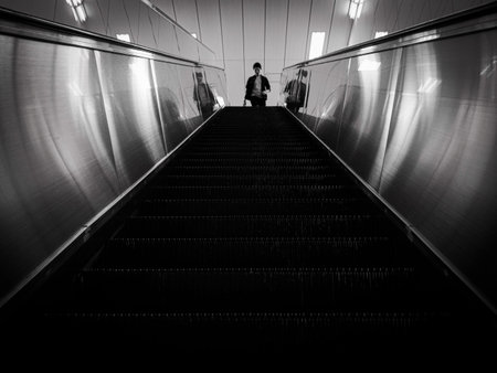 Tokyo, Japan - 17 11 19: A man about to start walking down an escalator.のeditorial素材