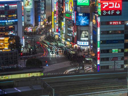 Shibuya, Japan - 7.2.20: Shibuya crossing from a high vantage point at nightのeditorial素材