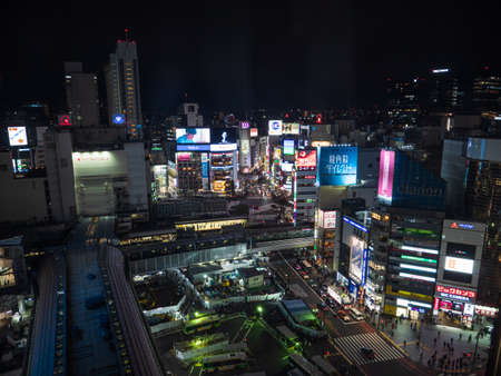 Shibuya, Japan - 7.2.20: Shibuya crossing from a high vantage point at nightのeditorial素材