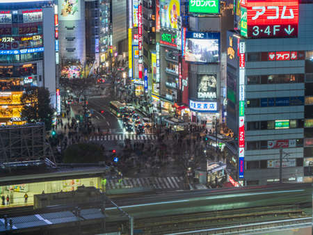 Shibuya, Japan - 7.2.20: Shibuya crossing from a high vantage point at nightのeditorial素材