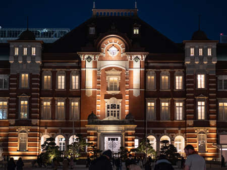 Tokyo, Japan 1.2.20: The front of Tokyo stations famous brick building at nightのeditorial素材