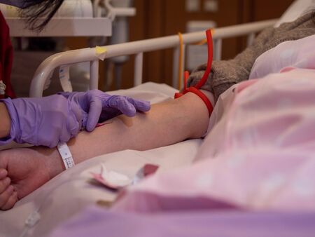 A nurse inserting a canula into a patients armの写真素材