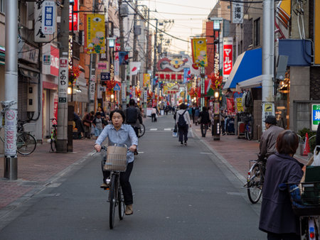 Tokyo, Japan - 18.11.19: Pensioners cycling on the busy main avenue through Sugamo, Tokyoのeditorial素材