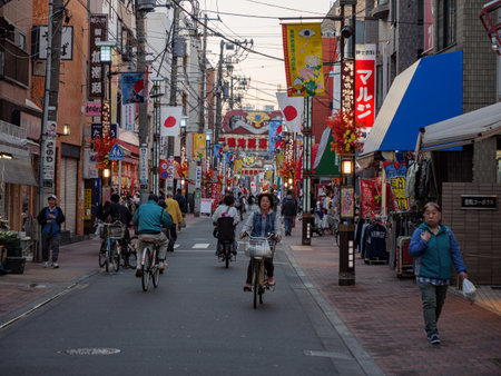 Tokyo, Japan - 18.11.19: Pensioners cycling on the busy main avenue through Sugamoのeditorial素材