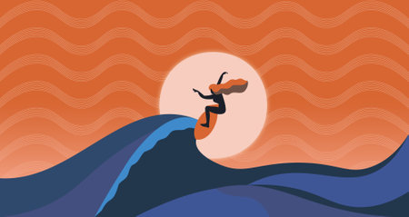 Surfer girl on surfboard on waves of sea in summer at orange sunset with sun behind - Mujer surfista en tabla sobre las olas del mar en verano al atardecer naranja con el sol detrÃ¡sのイラスト素材