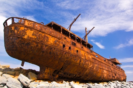 freight vessel  was shipwrecked during a storm off the coast of the islandの写真素材