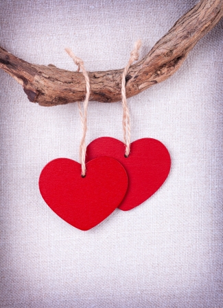 Two  wooden red  hearts hanging on a tree branch on vintage backgroundの写真素材