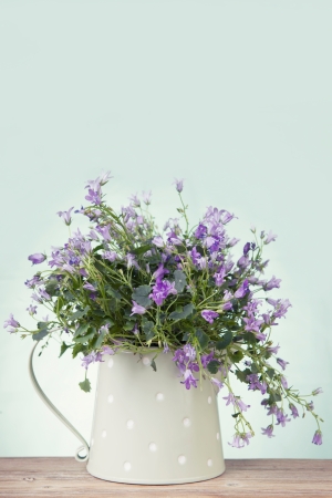 Companula flowers in watering cam on wooden surfaceの写真素材