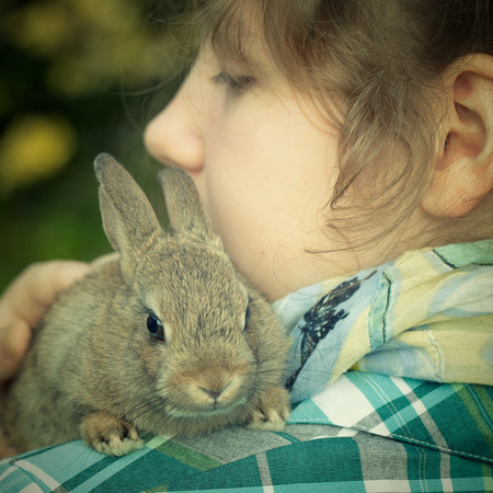 A teenage girl holding a bunny rabbit on her shoulderの写真素材