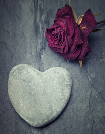 Grey zen heart shaped rock with a half dead rose on a tile backgroundの写真素材