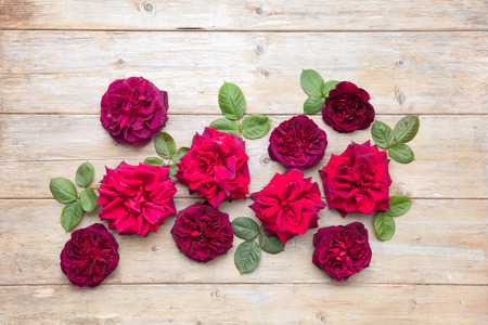 Flat lay of red roses with green leaves on a wood tableの写真素材