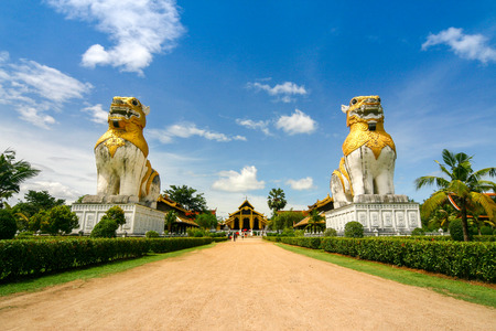 Lions statue at Surasri Camp, Kanchanaburi, Thailandの写真素材