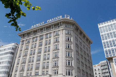 Coruna-Spain. Building of the Pastor bank in the center of A CoruÃ±a on May 1, 2021のeditorial素材