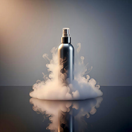 Cosmetic bottle with smoke on a dark background. 3d renderingの素材