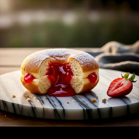 Donut with strawberry jam on a marble plate. Selective focus.の素材