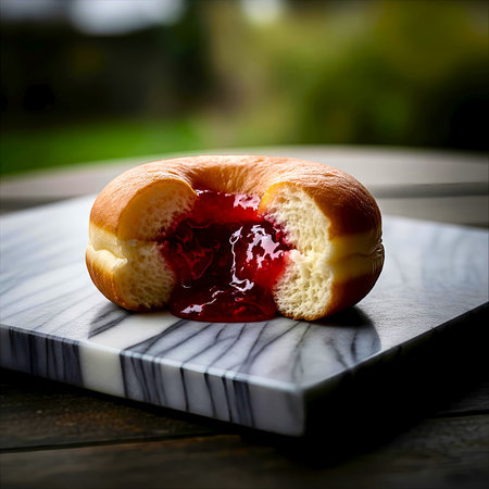 Donut with strawberry jam on a wooden table. Selective focus.の素材
