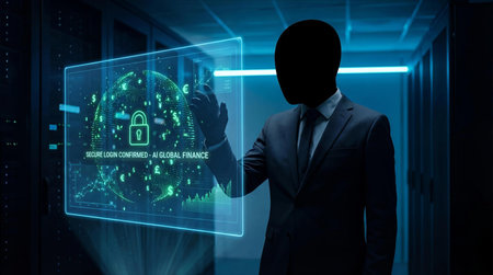 Cyber security and data protection concept with businessman in data center roomの素材